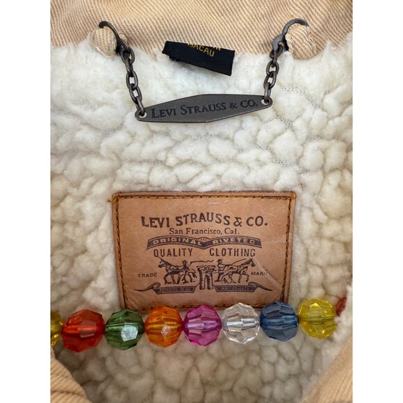 Vintage 90s Mens Levis Tan Cotton Trucker Jacket Sherpa Lined Size M - Picture 10 of 14